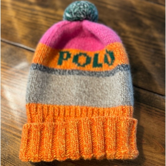 Polo Ralph Lauren Striped Pom-Pom Hat. Beanie pink/orange/gray 100% wool Italy - Picture 1 of 7